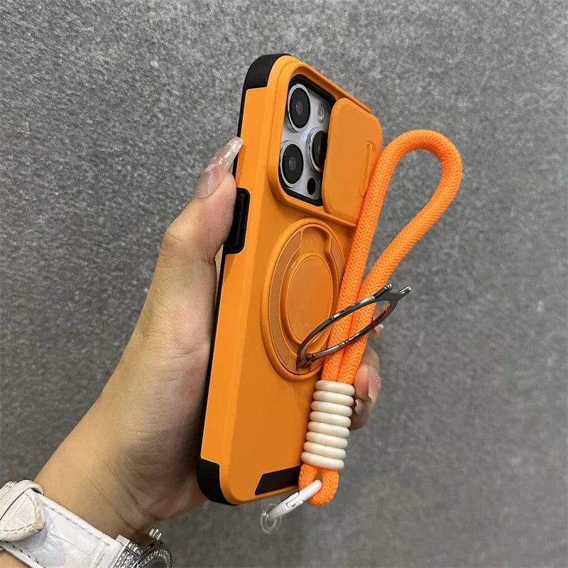 Luxury Magnetic Armor iPhone Case with Kickstand, Wristband & Camera Protection – Shockproof & MagSafe Compatible