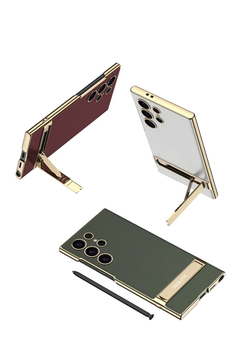 Luxury Electroplated Leather Bumper Case with Kickstand for Samsung – Shockproof, Wireless Charging Compatible