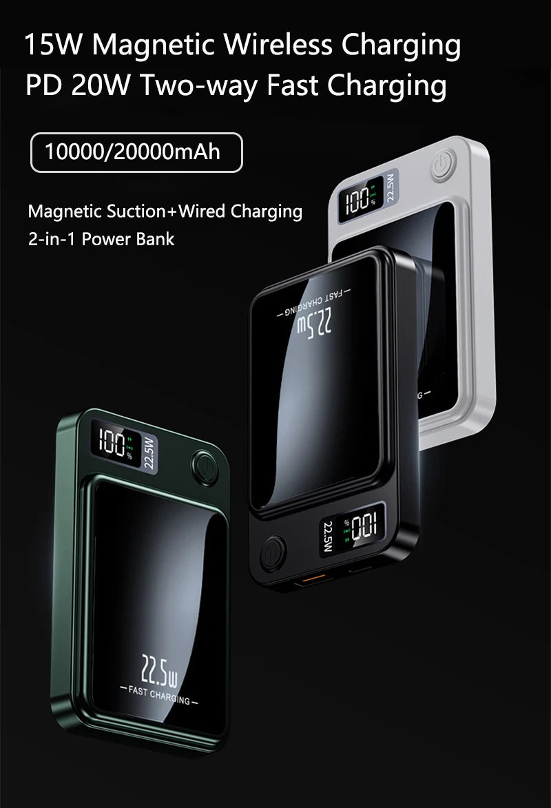 Magnetic Wireless Power Bank – 22.5W PD Fast Charging + 15W Qi Wireless Charger for iPhone, Xiaomi, Huawei & More