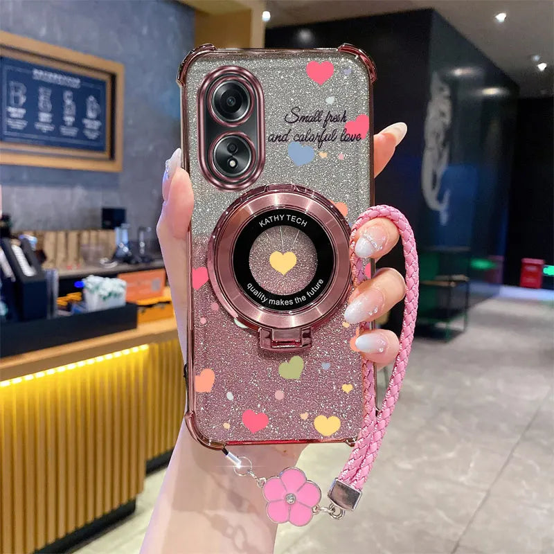 Luxury Glitter Phone Case with Clover Strap & Heart Ring Holder – Stylish Protection for Oppo Series