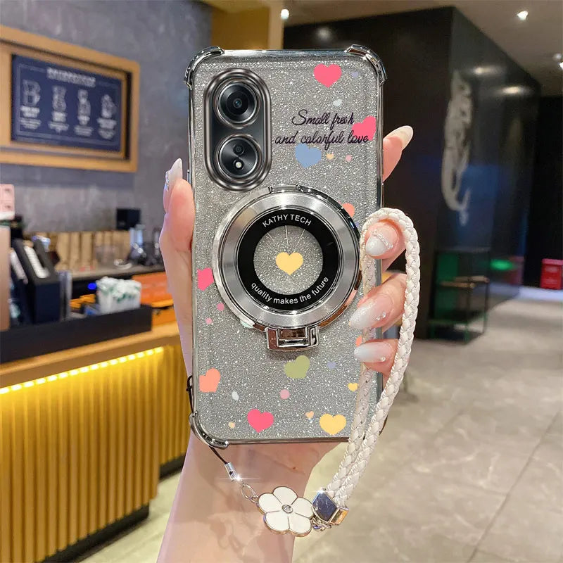 Luxury Glitter Phone Case with Clover Strap & Heart Ring Holder – Stylish Protection for Oppo Series