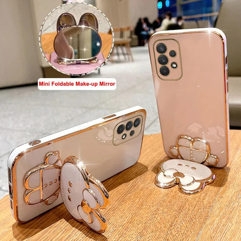 Luxury Glitter Makeup Mirror Phone Case with Cute Rabbit Ring Holder – Stylish Protection for Samsung Galaxy Series