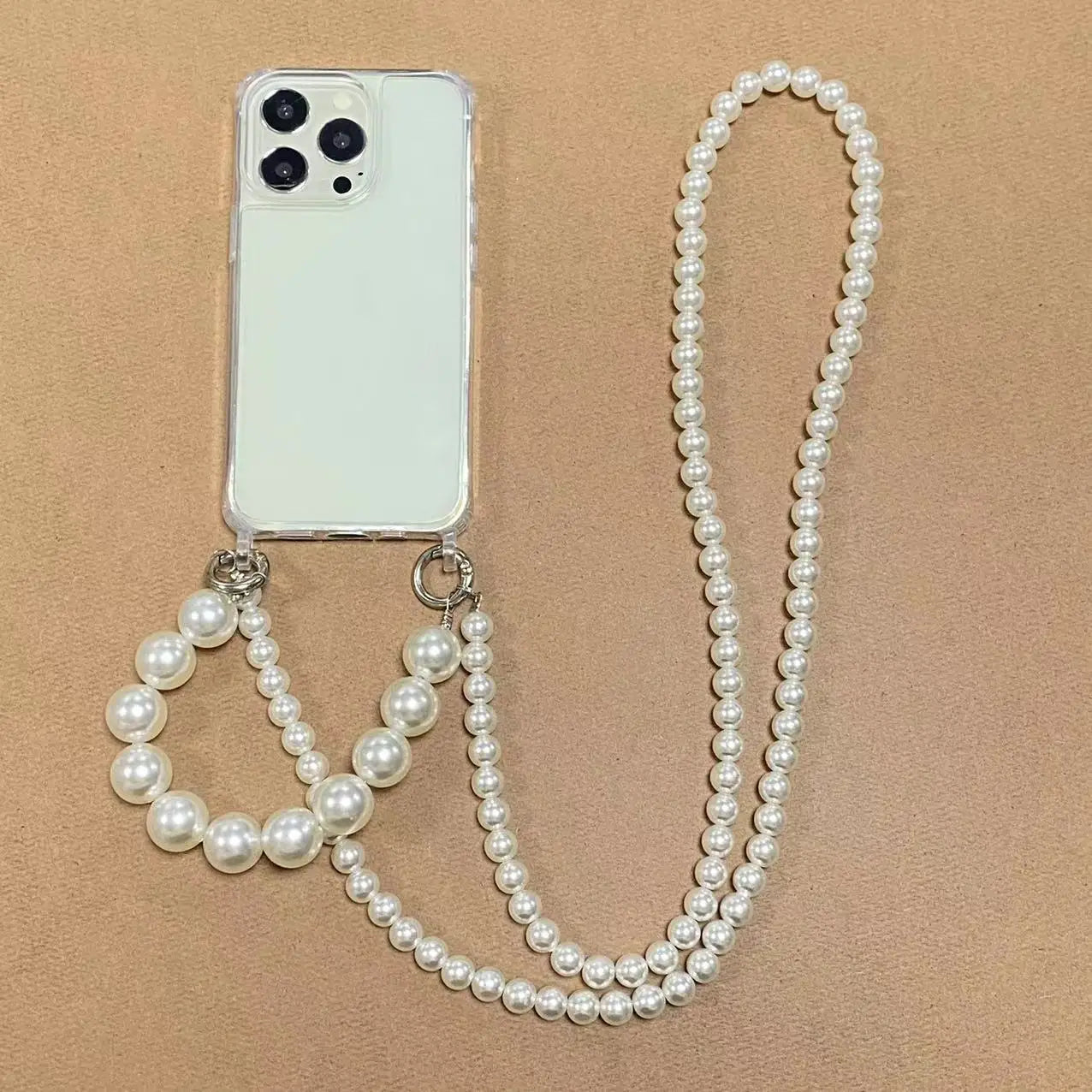 Luxury Transparent Crossbody Pearl Chain Phone Case – Elegant Hands-Free Protection for iPhone