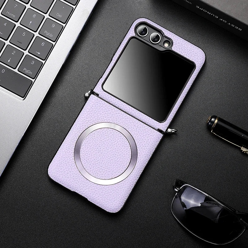 Magsafe Wireless Charge Case for Samsung Galaxy Z Flip 7 Flip6 Flip5 Flip4 Magnetic Litchi Leather Cover