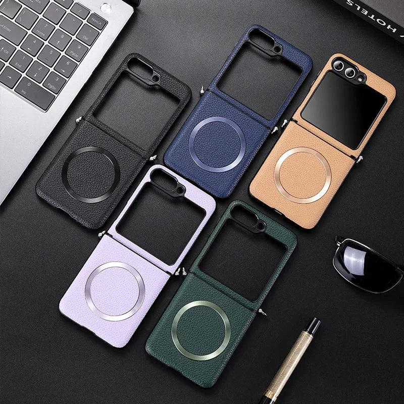 Magsafe Wireless Charge Case for Samsung Galaxy Z Flip 7 Flip6 Flip5 Flip4 Magnetic Litchi Leather Cover
