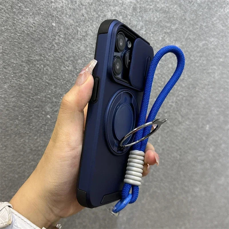 Luxury Magnetic Armor iPhone Case with Kickstand, Wristband & Camera Protection – Shockproof & MagSafe Compatible