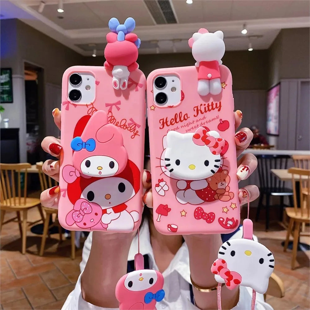 Cute 3D Cartoon Sanrio Phone Case with Holder & Lanyard – For iPhone