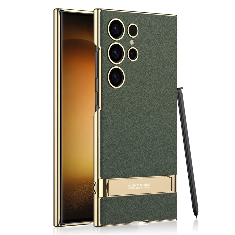 Luxury Electroplated Leather Bumper Case with Kickstand for Samsung – Shockproof, Wireless Charging Compatible
