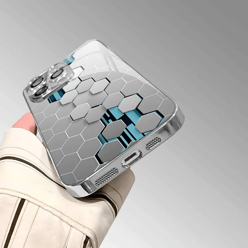 Silver Gradient Honeycomb Glass Phone Case – Full Coverage Shockproof Protection for iPhone