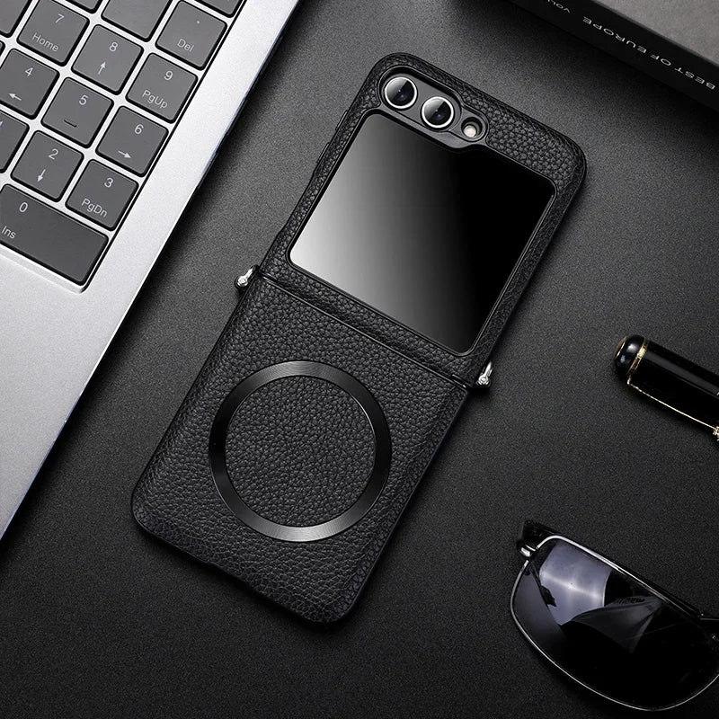 Magsafe Wireless Charge Case for Samsung Galaxy Z Flip 7 Flip6 Flip5 Flip4 Magnetic Litchi Leather Cover