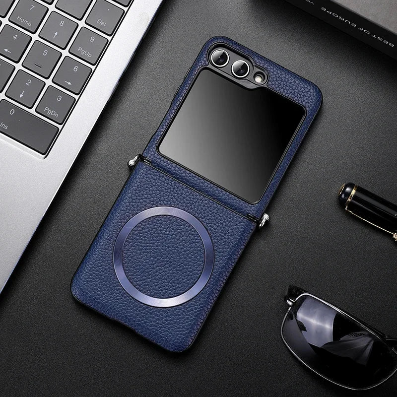 Magsafe Wireless Charge Case for Samsung Galaxy Z Flip 7 Flip6 Flip5 Flip4 Magnetic Litchi Leather Cover