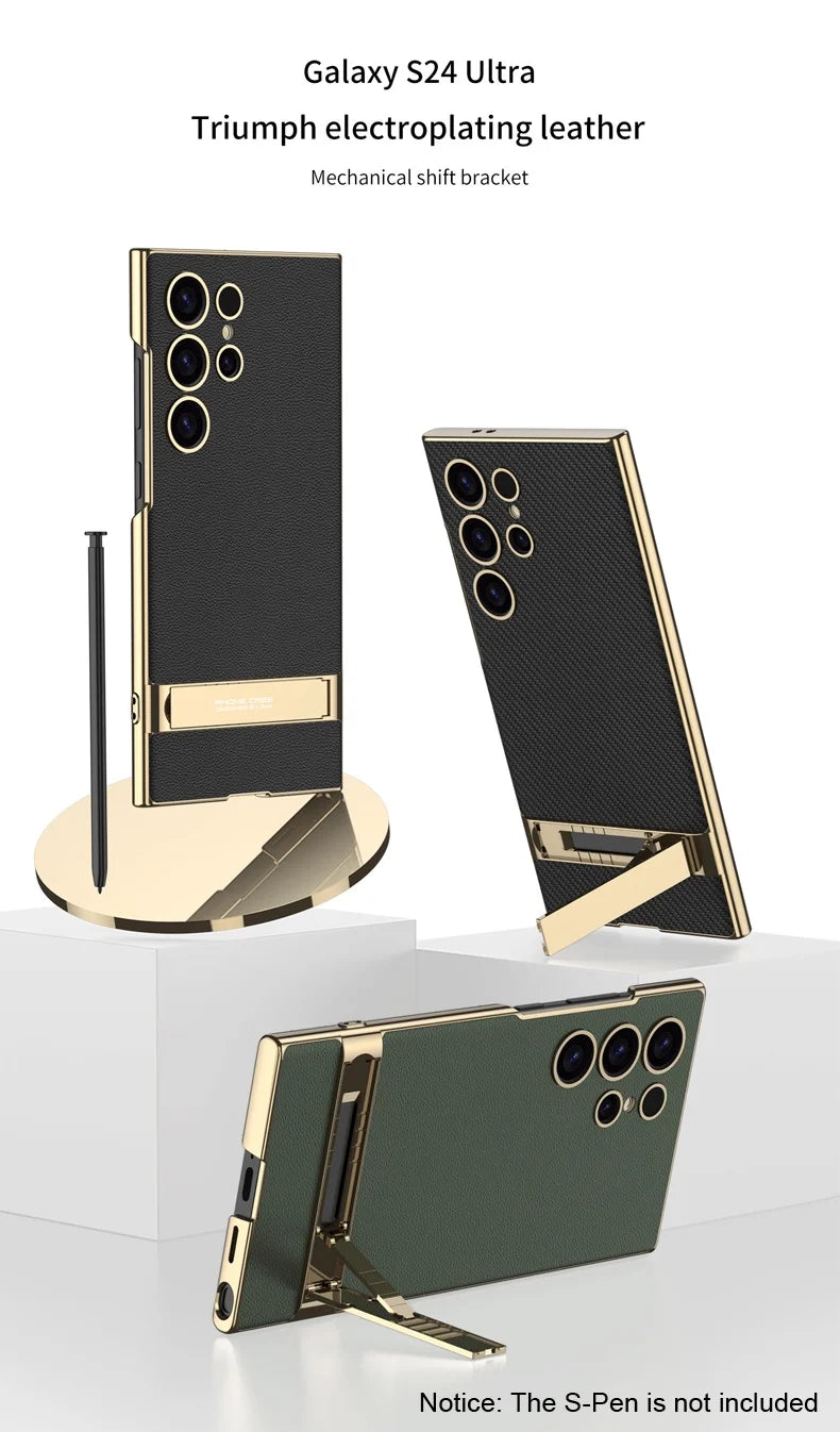 Luxury Electroplated Leather Bumper Case with Kickstand for Samsung – Shockproof, Wireless Charging Compatible