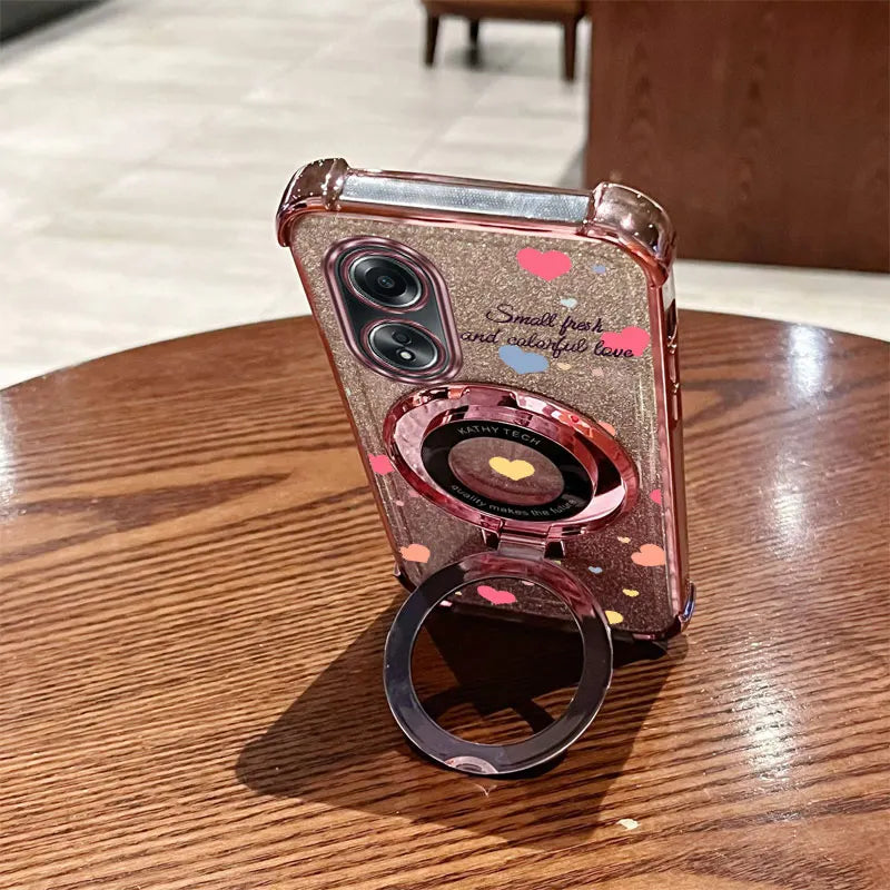 Luxury Glitter Phone Case with Clover Strap & Heart Ring Holder – Stylish Protection for Oppo Series