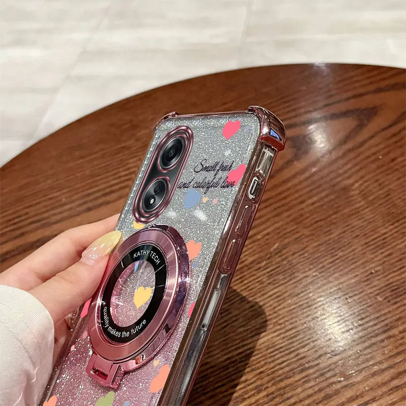 Luxury Glitter Phone Case with Clover Strap & Heart Ring Holder – Stylish Protection for Oppo Series
