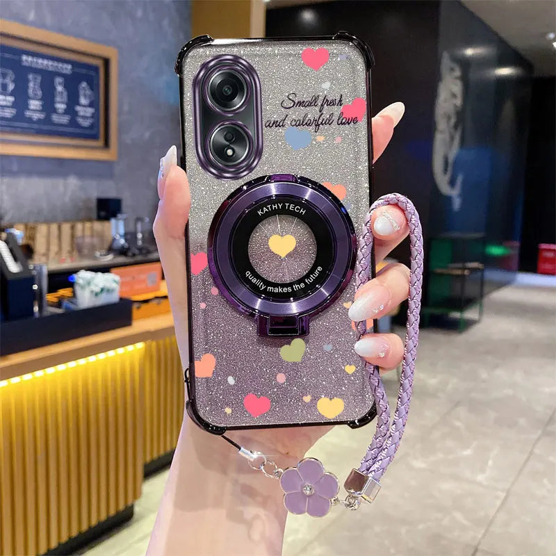 Luxury Glitter Phone Case with Clover Strap & Heart Ring Holder – Stylish Protection for Oppo Series