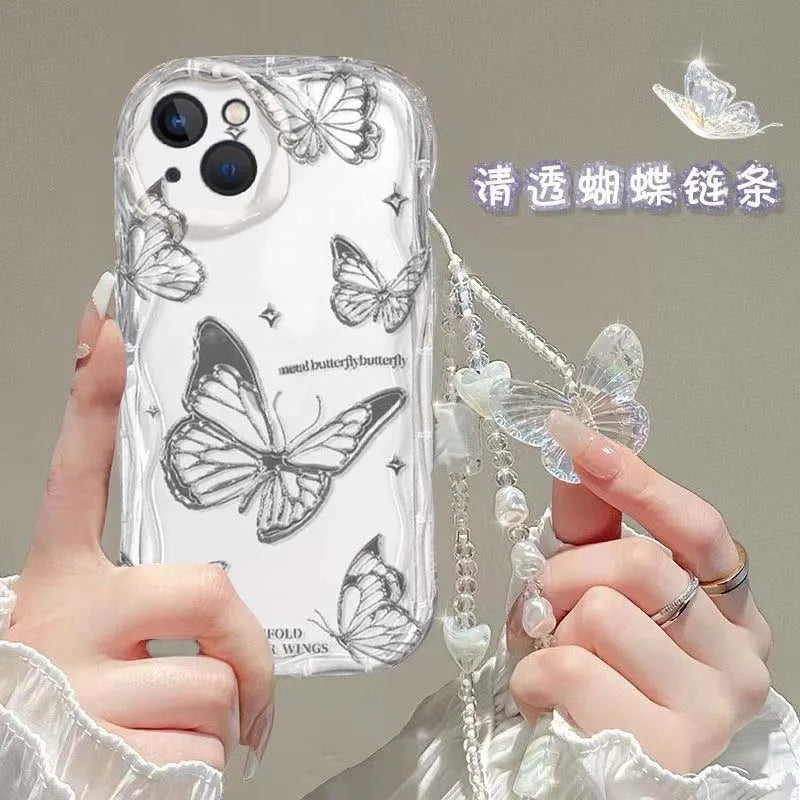 Luxury Clear TPU Leather Chain Case with 3D Butterfly & Bracelet Strap for iPhone