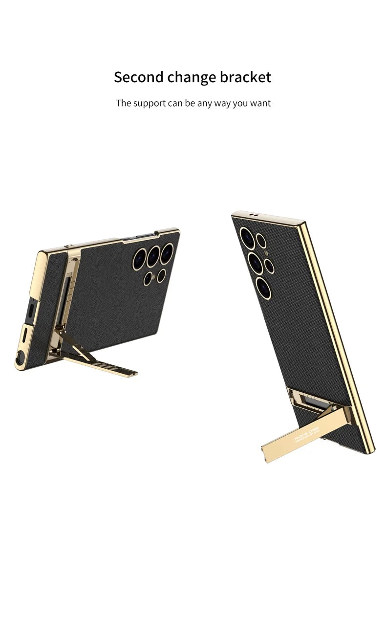 Luxury Electroplated Leather Bumper Case with Kickstand for Samsung – Shockproof, Wireless Charging Compatible