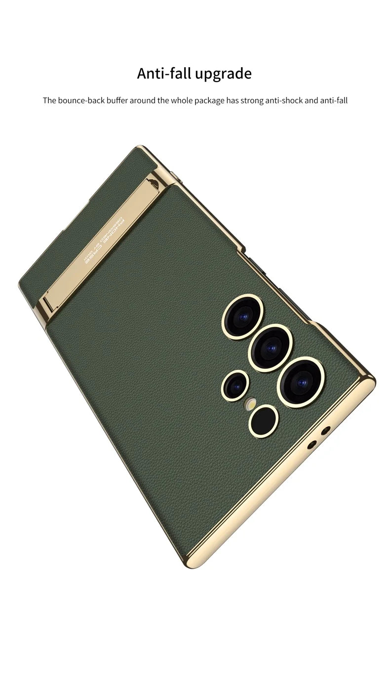 Luxury Electroplated Leather Bumper Case with Kickstand for Samsung – Shockproof, Wireless Charging Compatible