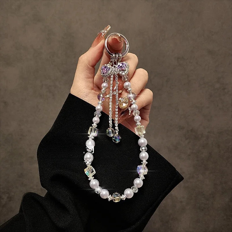 Luxury High-End Flash Diamond Bow Tassel Mobile Phone Chain Crystal Beaded Mobile Phone Lanyard Short Wrist Holding Chain