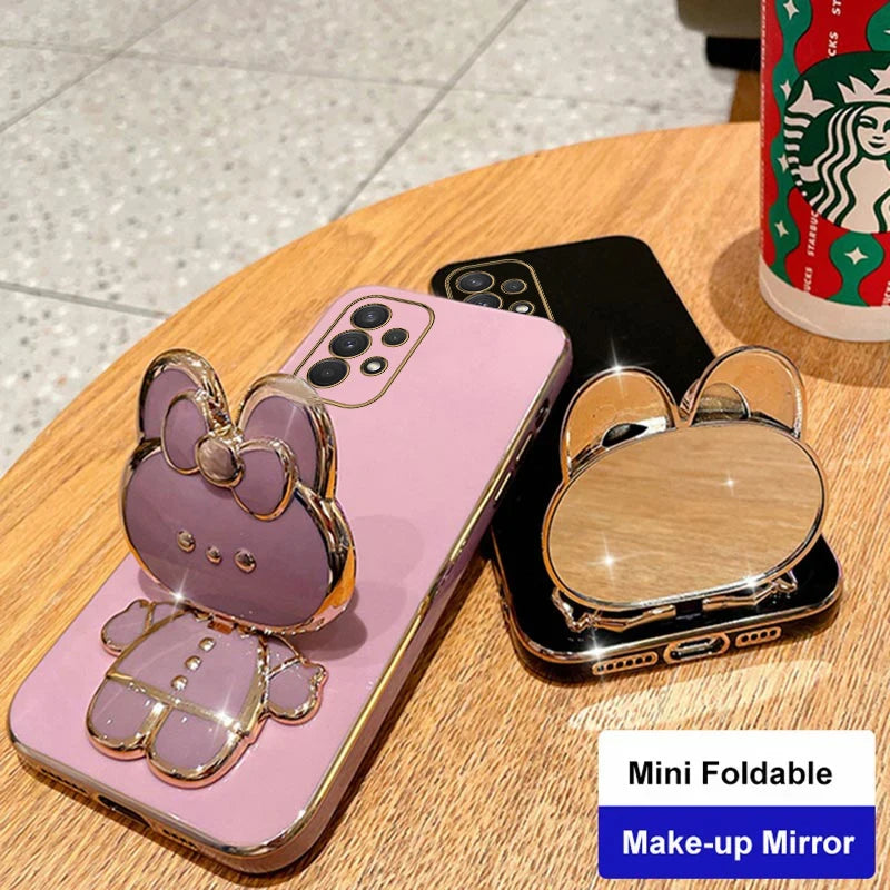 Luxury Glitter Makeup Mirror Phone Case with Cute Rabbit Ring Holder – Stylish Protection for Samsung Galaxy Series