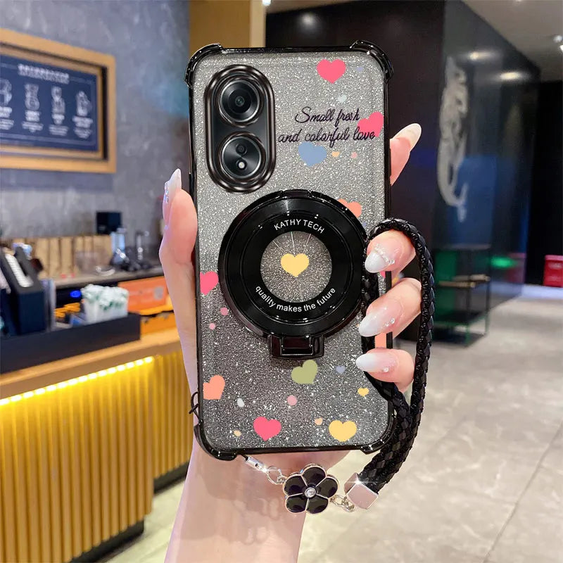 Luxury Glitter Phone Case with Clover Strap & Heart Ring Holder – Stylish Protection for Oppo Series