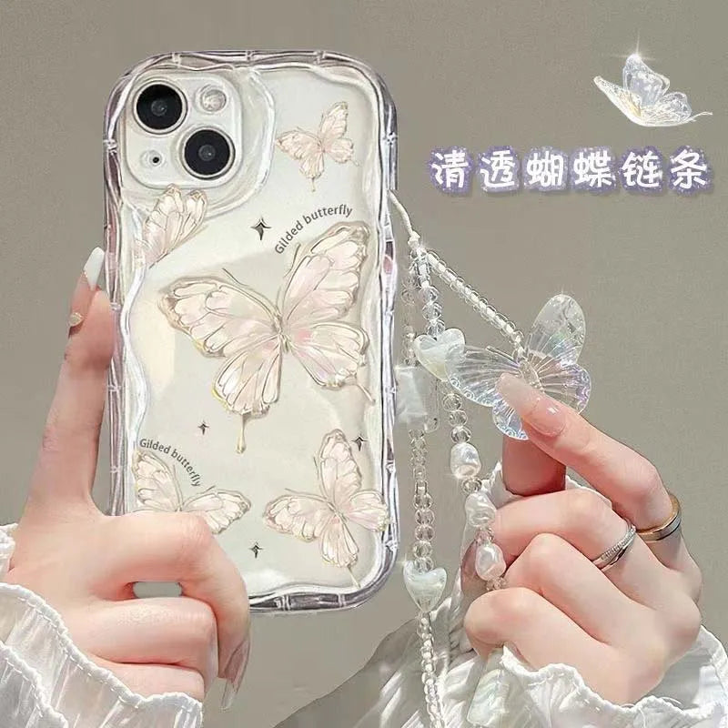 Luxury Clear TPU Leather Chain Case with 3D Butterfly & Bracelet Strap for iPhone