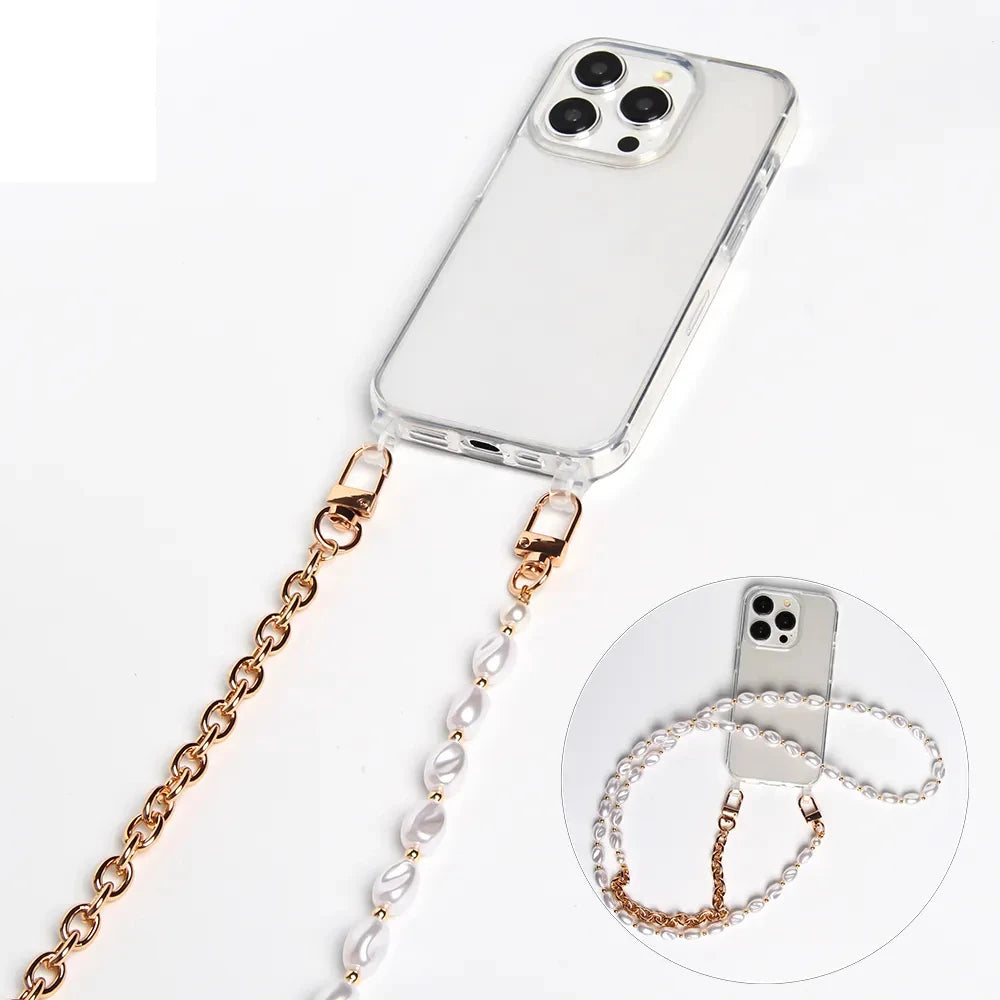 Luxury Transparent Crossbody Pearl Chain Phone Case – Elegant Hands-Free Protection for iPhone