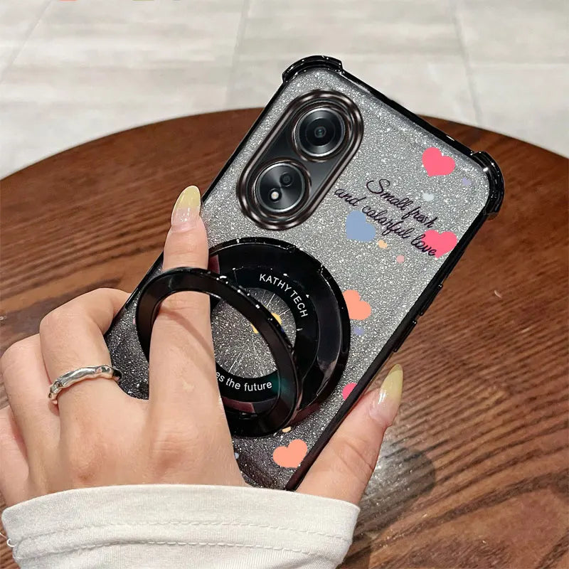 Luxury Glitter Phone Case with Clover Strap & Heart Ring Holder – Stylish Protection for Oppo Series