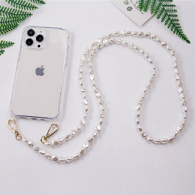 Luxury Transparent Crossbody Pearl Chain Phone Case – Elegant Hands-Free Protection for iPhone