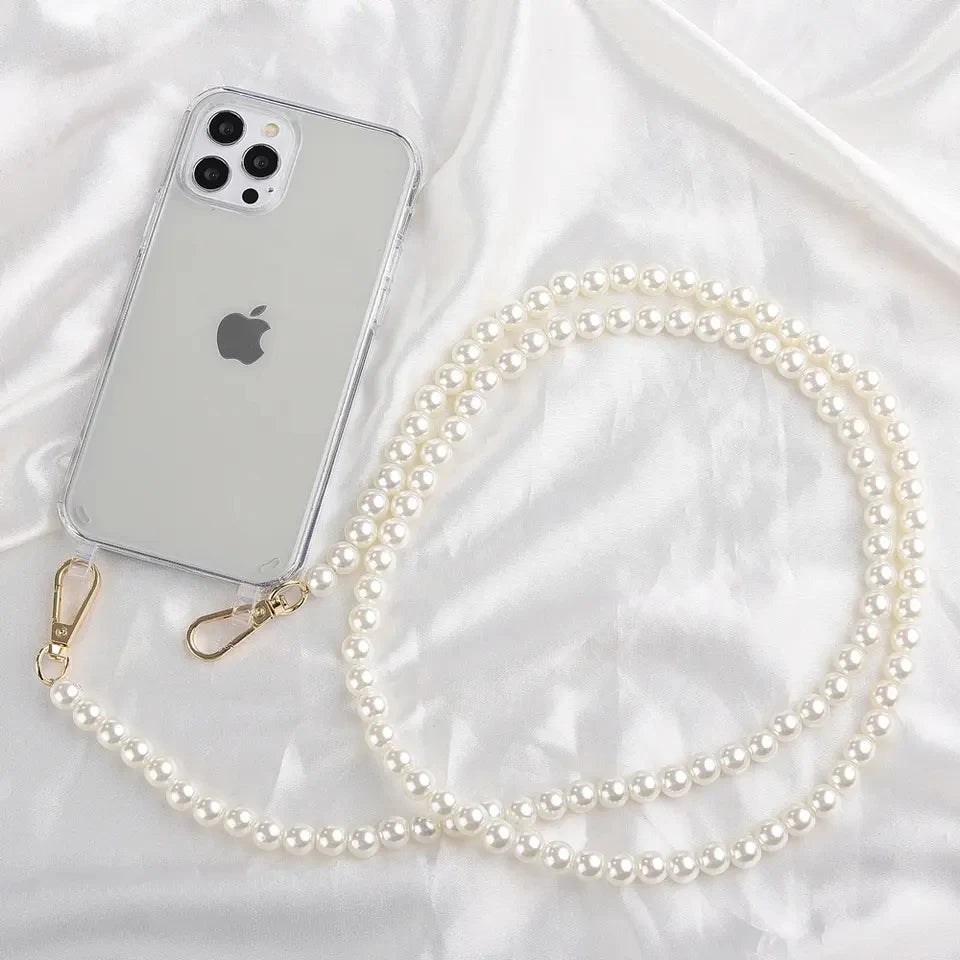 Luxury Transparent Crossbody Pearl Chain Phone Case – Elegant Hands-Free Protection for iPhone