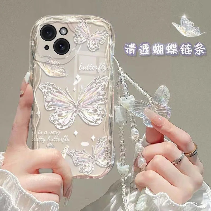 Luxury Clear TPU Leather Chain Case with 3D Butterfly & Bracelet Strap for iPhone