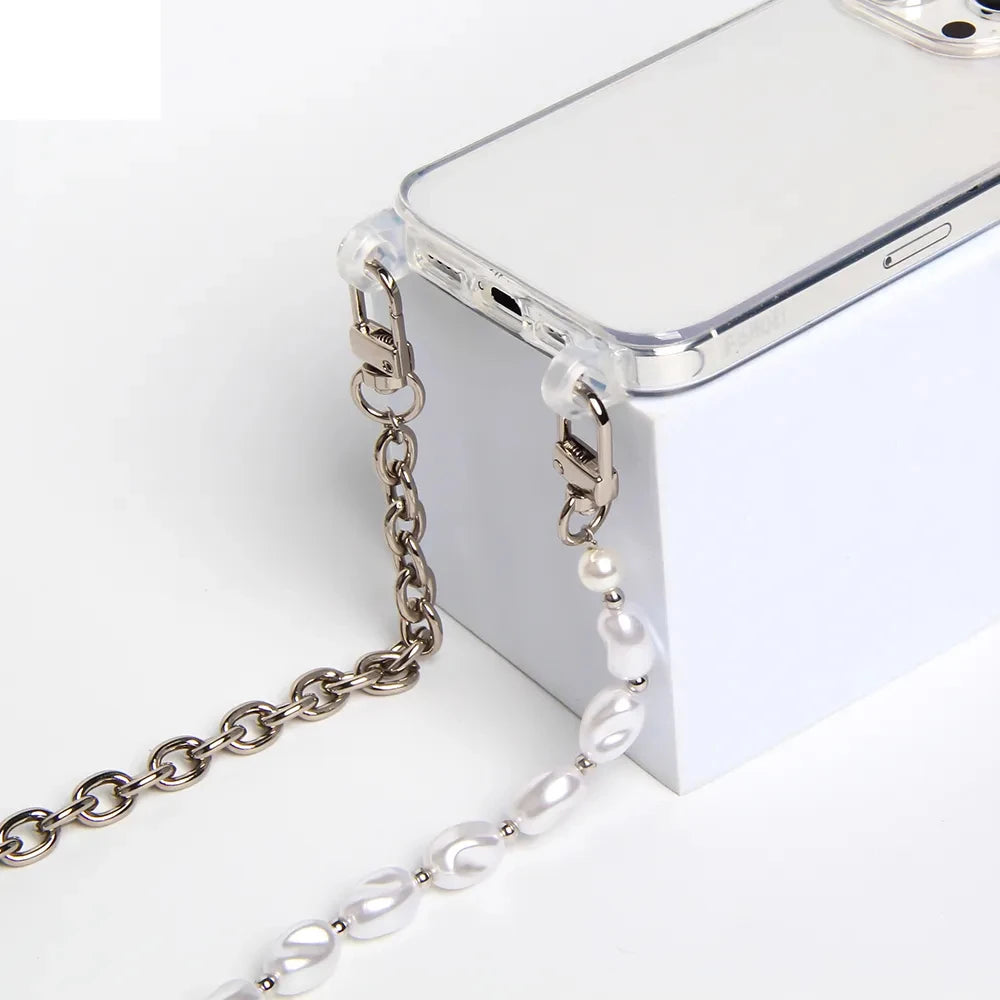 Luxury Transparent Crossbody Pearl Chain Phone Case – Elegant Hands-Free Protection for iPhone