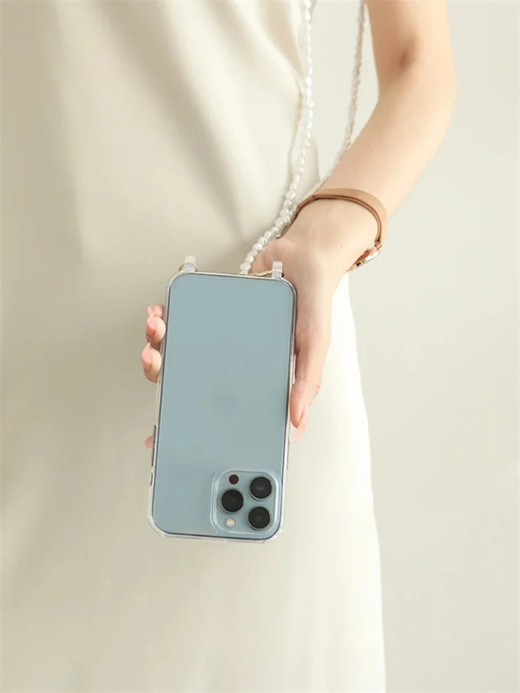 Luxury Transparent Crossbody Pearl Chain Phone Case – Elegant Hands-Free Protection for iPhone
