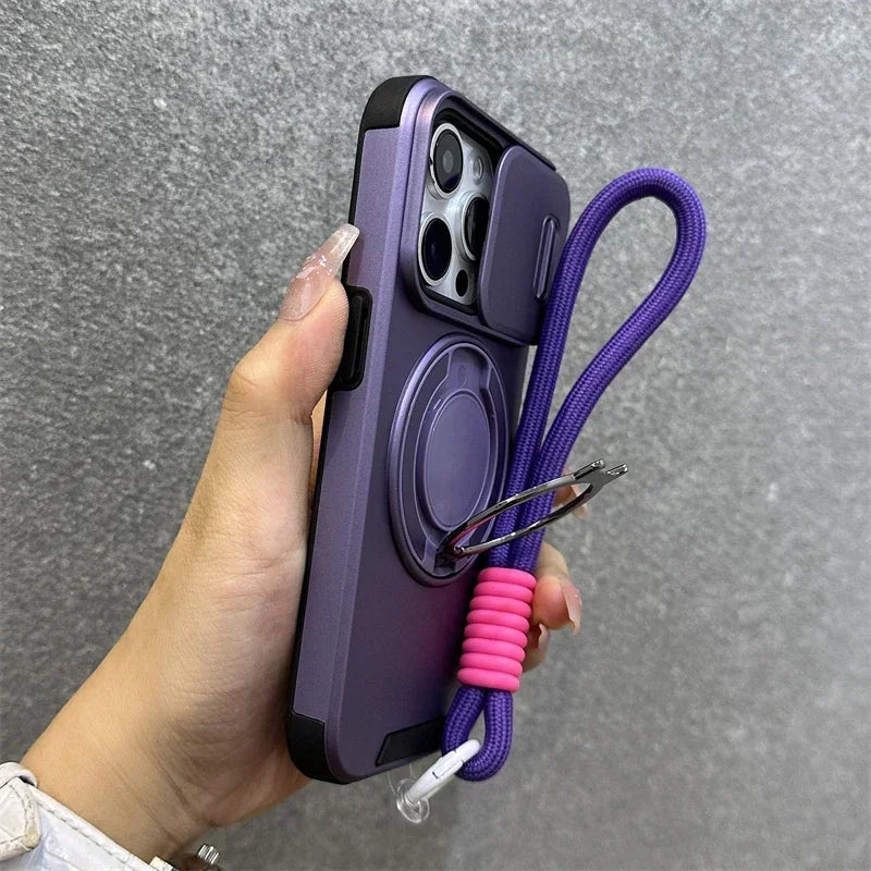 Luxury Magnetic Armor iPhone Case with Kickstand, Wristband & Camera Protection – Shockproof & MagSafe Compatible