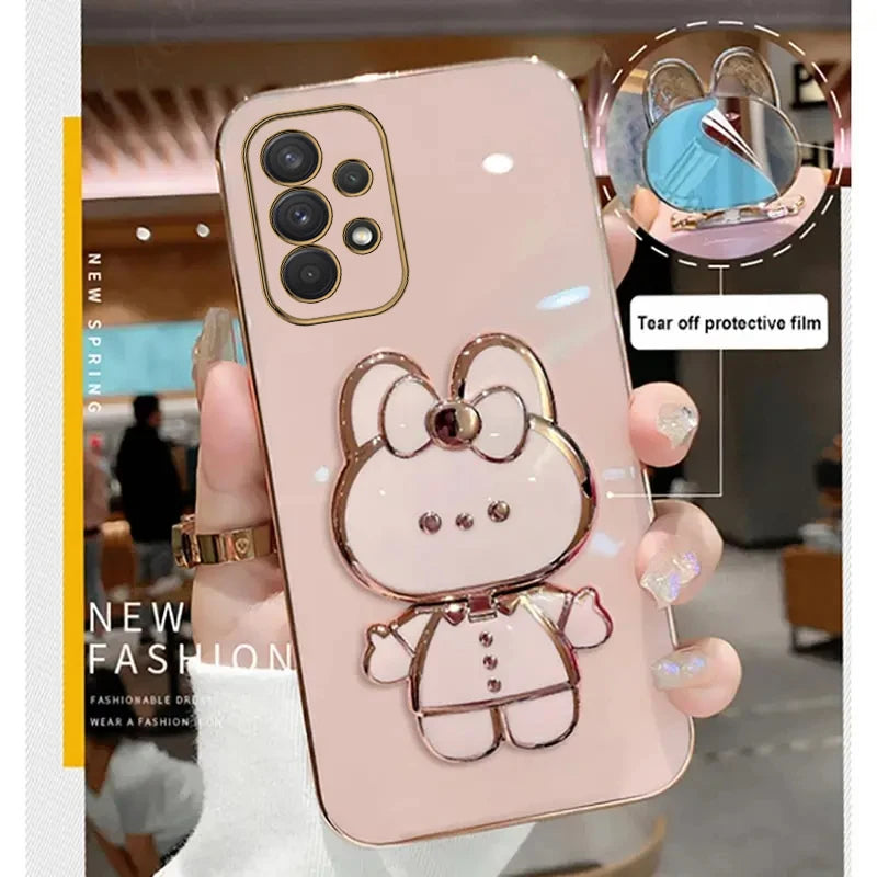Luxury Glitter Makeup Mirror Phone Case with Cute Rabbit Ring Holder – Stylish Protection for Samsung Galaxy Series