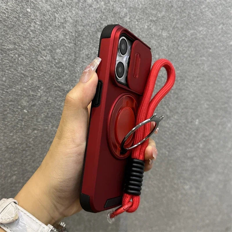 Luxury Magnetic Armor iPhone Case with Kickstand, Wristband & Camera Protection – Shockproof & MagSafe Compatible