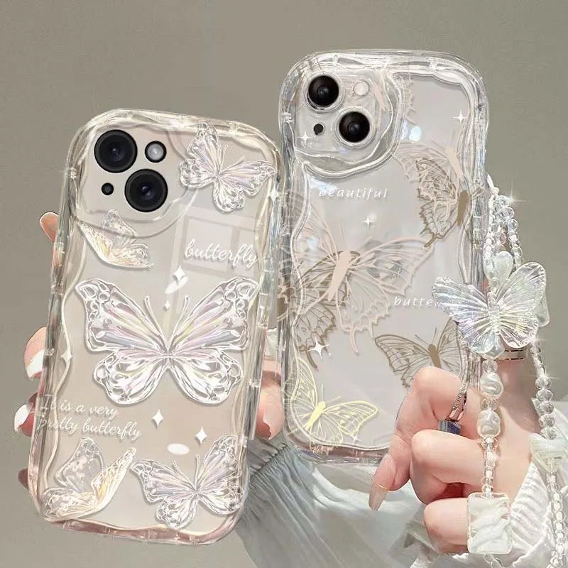 Luxury Clear TPU Leather Chain Case with 3D Butterfly & Bracelet Strap for iPhone