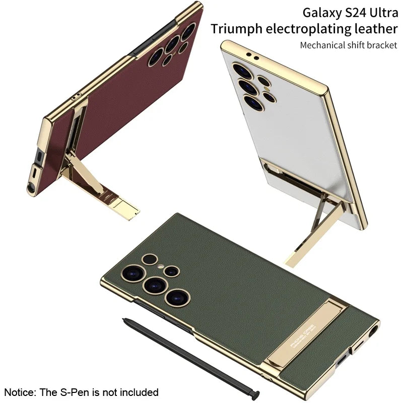 Luxury Electroplated Leather Bumper Case with Kickstand for Samsung – Shockproof, Wireless Charging Compatible
