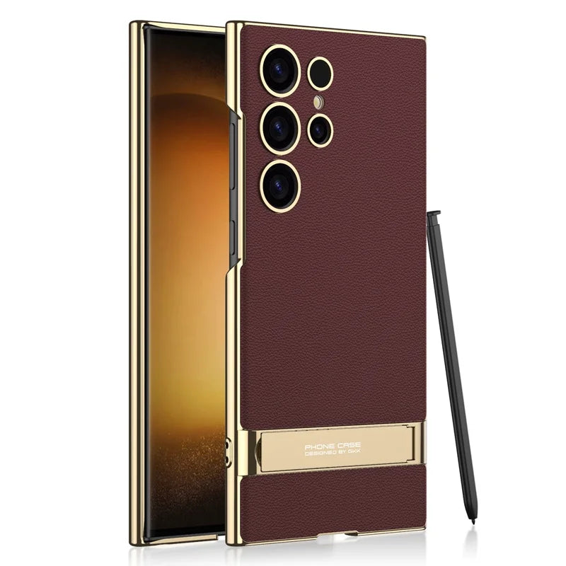Luxury Electroplated Leather Bumper Case with Kickstand for Samsung – Shockproof, Wireless Charging Compatible