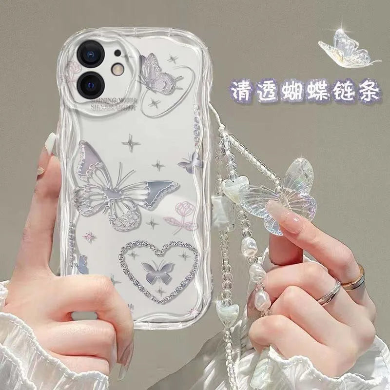 Luxury Clear TPU Leather Chain Case with 3D Butterfly & Bracelet Strap for iPhone