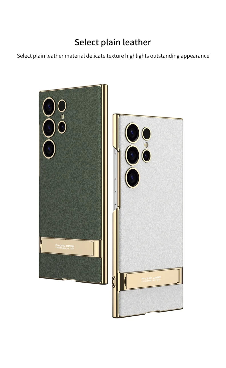 Luxury Electroplated Leather Bumper Case with Kickstand for Samsung – Shockproof, Wireless Charging Compatible
