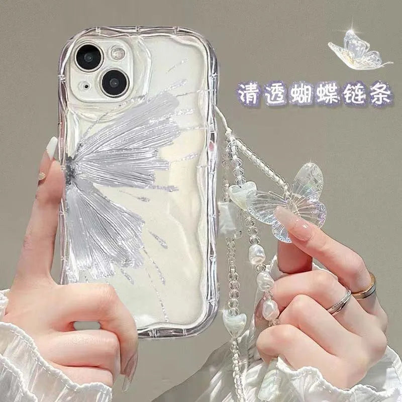 Luxury Clear TPU Leather Chain Case with 3D Butterfly & Bracelet Strap for iPhone