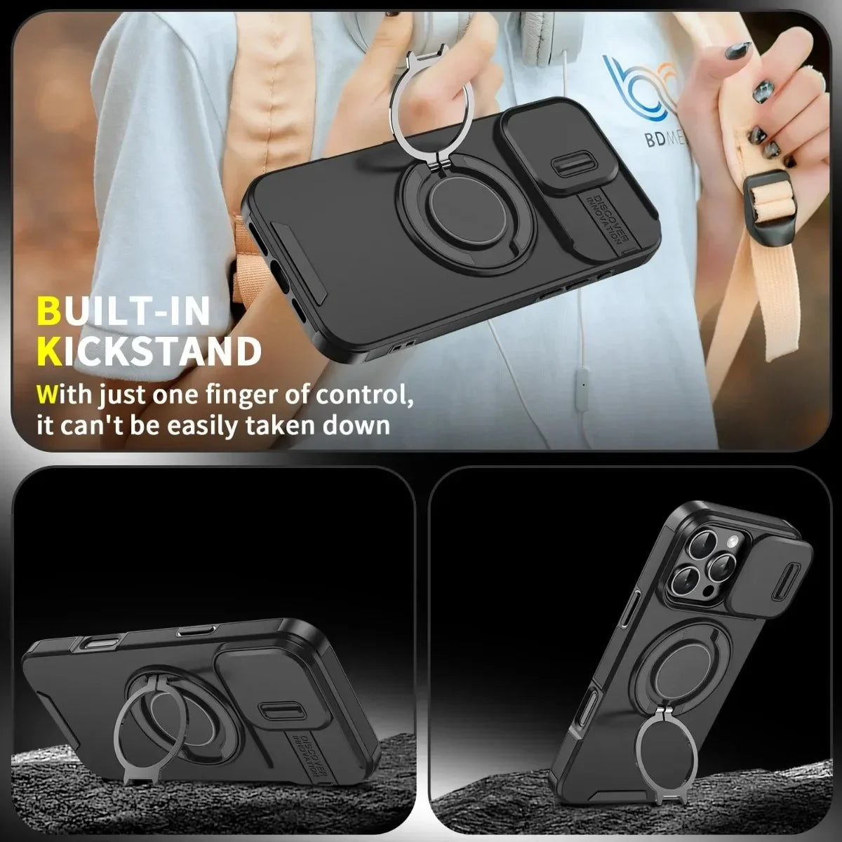 Luxury Magnetic Armor iPhone Case with Kickstand, Wristband & Camera Protection – Shockproof & MagSafe Compatible