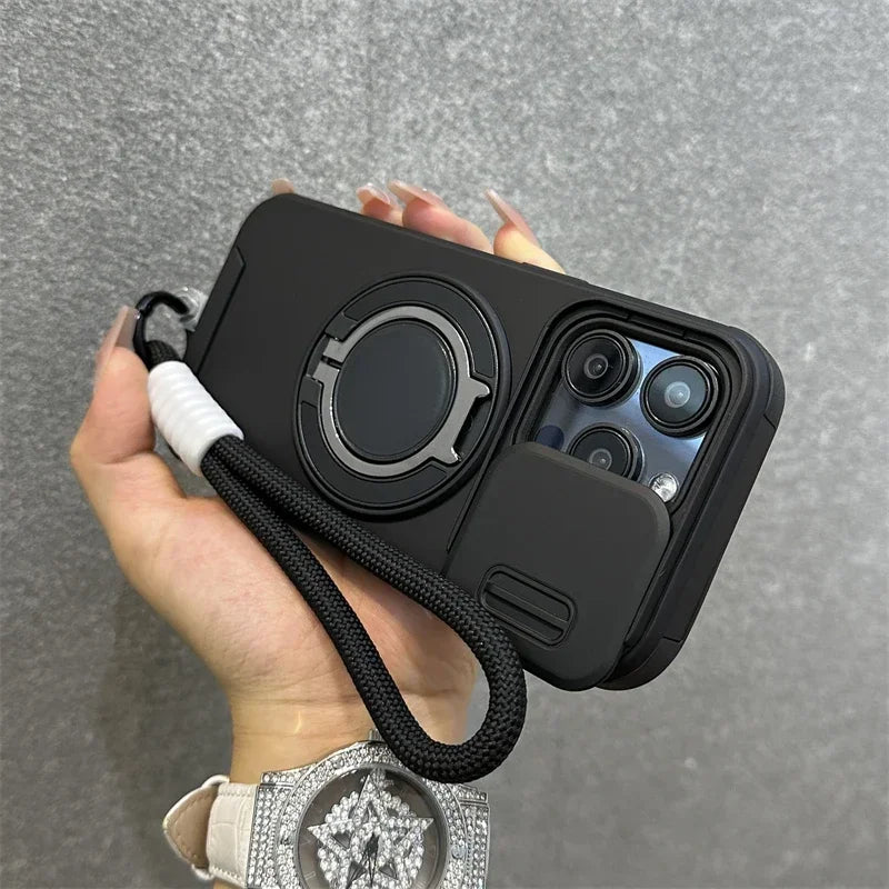 Luxury Magnetic Armor iPhone Case with Kickstand, Wristband & Camera Protection – Shockproof & MagSafe Compatible