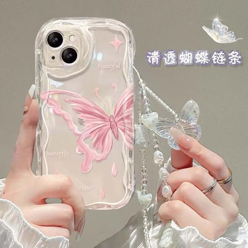 Luxury Clear TPU Leather Chain Case with 3D Butterfly & Bracelet Strap for iPhone
