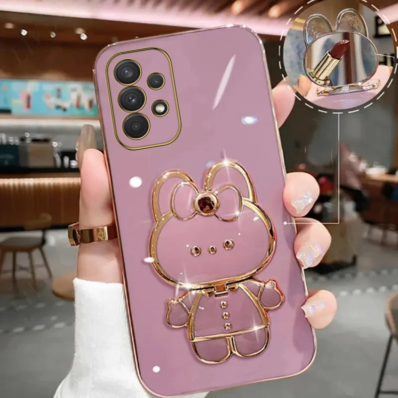 Luxury Glitter Makeup Mirror Phone Case with Cute Rabbit Ring Holder – Stylish Protection for Samsung Galaxy Series