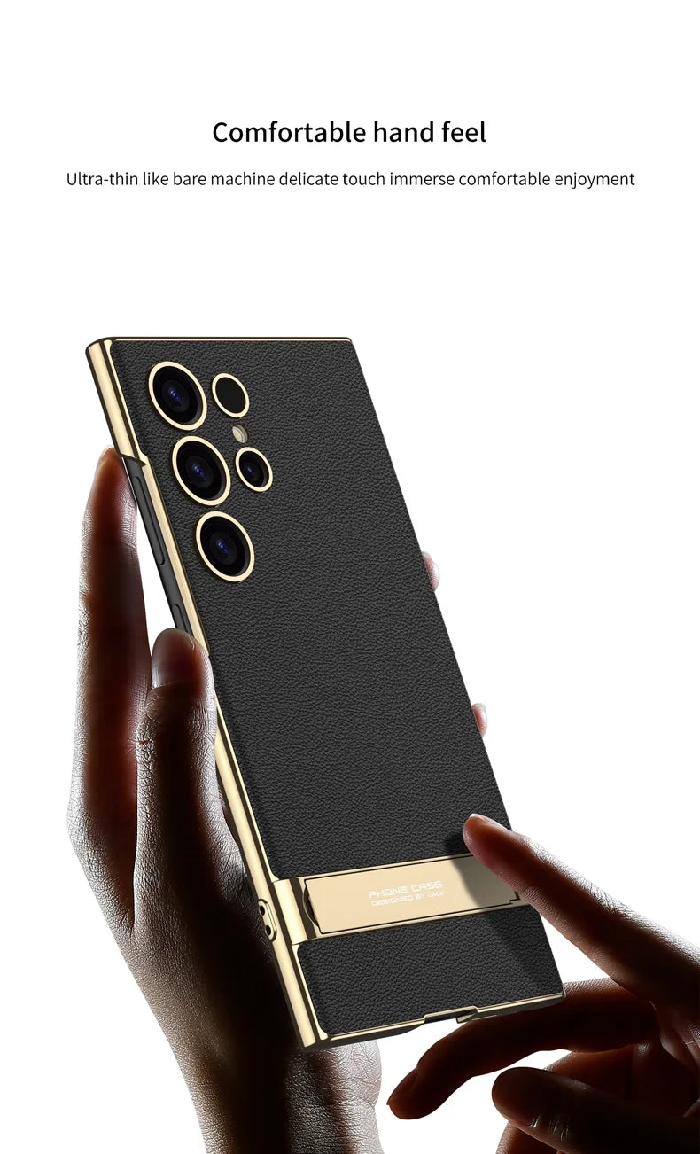 Luxury Electroplated Leather Bumper Case with Kickstand for Samsung – Shockproof, Wireless Charging Compatible