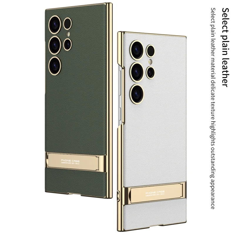 Luxury Electroplated Leather Bumper Case with Kickstand for Samsung – Shockproof, Wireless Charging Compatible