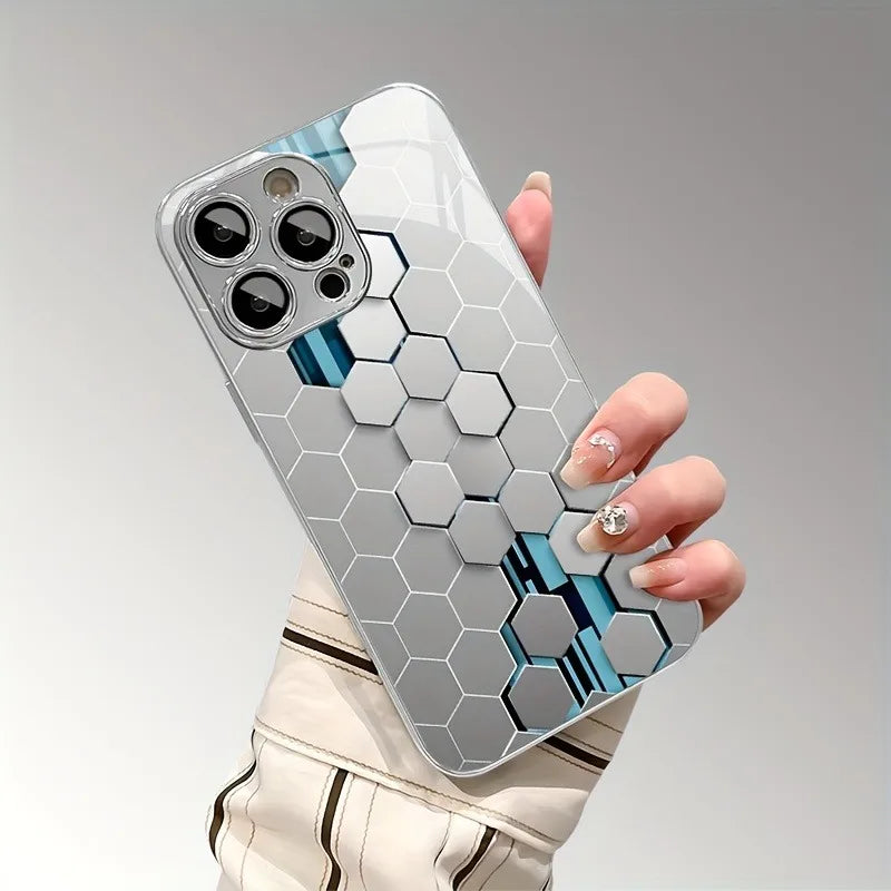 Silver Gradient Honeycomb Glass Phone Case – Full Coverage Shockproof Protection for iPhone