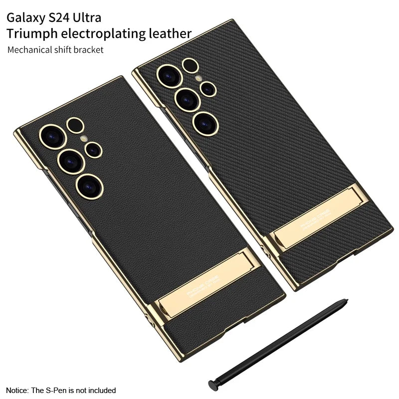Luxury Electroplated Leather Bumper Case with Kickstand for Samsung – Shockproof, Wireless Charging Compatible